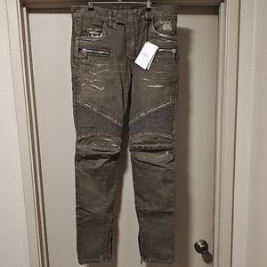 Balmain Olive Slim Men's Jeans with Zipper Accents